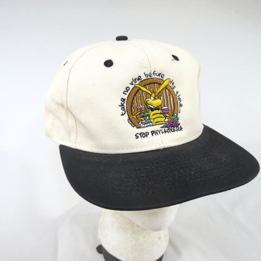 Stop Phylloxera Cartoon Wine Hat Beige Black Snapback 1990s